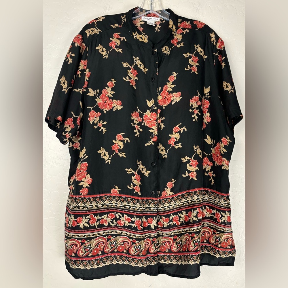 Anna and Frank Silk Blouse Hawaiian Floral‎ Roses Black Sz 1X 0418